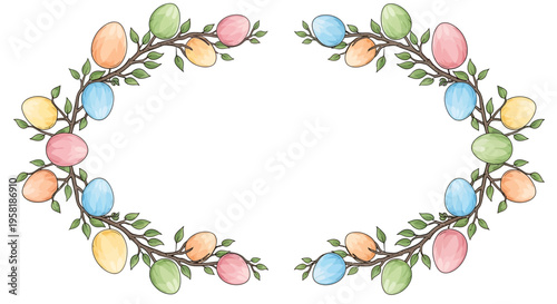 Easter Sunday frame social media template featuring a colorful wreath of pastel eggs and bunnies on a white background