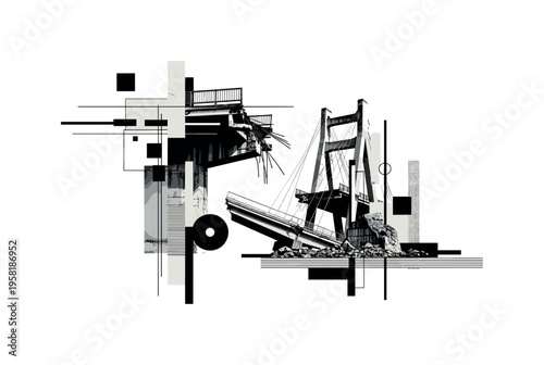 destroyed bridges and infrastructure, geometric blocks lines and abstract shapes emphasizing instability and aftermath, black and white retro realistic ruins