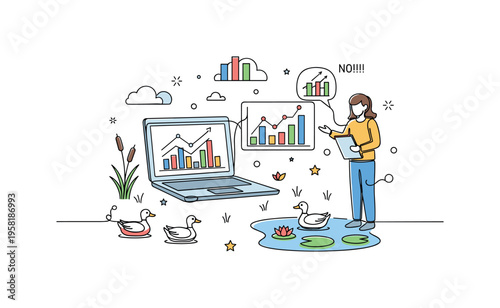 Digital Analytics Strategy. Minimalistic one-line drawing laptop displaying graphs while a person evaluates data for decision making, continuous single black