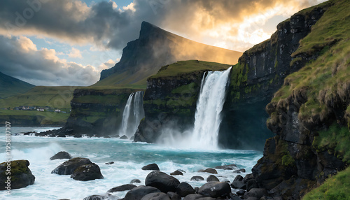Dramatic coastal waterfall plunging into rocky shore with golden sunset lighting and misty cliffs