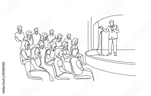 Audience Laughing at Comedy Show. Minimalistic one-line drawing audience members seated and laughing while watching a comedian perform on stage, continuous