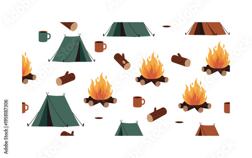 Outdoor Camping Roast. Minimalistic one-line drawing person seated by campfire holding marshmallow on stick, continuous single black line on white background,