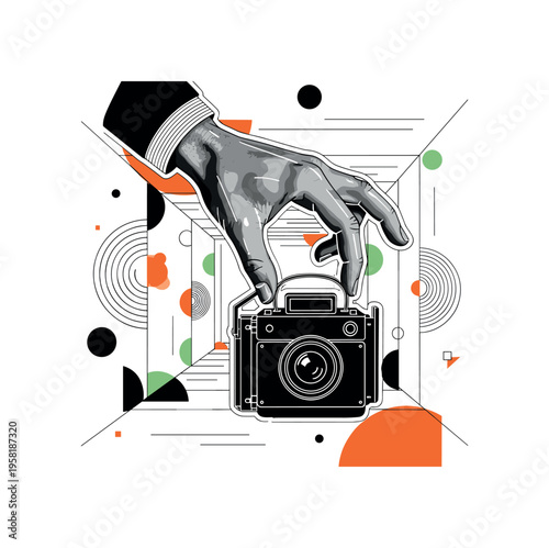 human hand placing bottle in backpack abstract semicircles lines and geometric blocks symbolizing portable hydration black and white retro hand and bottle