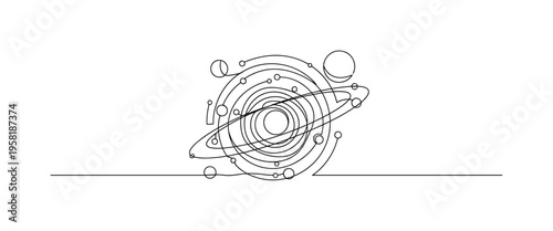 Interstellar Scene. Minimalistic one-line drawing abstract representation of space with orbiting celestial bodies, continuous single black line on white