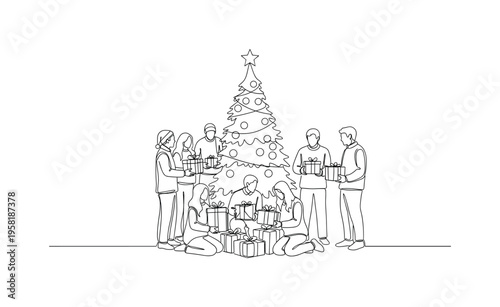 Holiday Gift Exchange. Minimalistic one-line drawing people exchanging wrapped gifts under a Christmas tree, continuous single black line on white background,