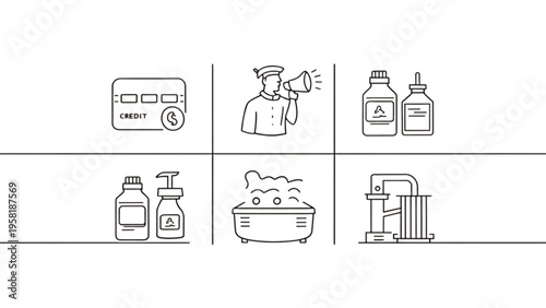 Line icons set of credit card megaphone bottles hand sanitizer pot and radiator  isolated on transparent background