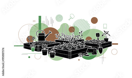 urban garden with raised beds and geometric highlights abstract circles lines and geometric shapes representing organized city agriculture black and white