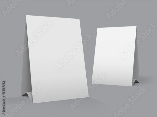 Table top advertising tent template. White blank paper banner stand for counter display. Realistic mockup. Vector mockup of a tabletop advertising graphic card for a cafe. Blank mockup on a table.