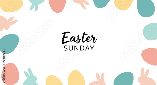 Easter Sunday social media template featuring pastel eggs and bunnies on a colorful background with a frame and border