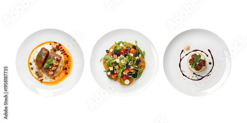 Gourmet Trio on Plates An overhead shot showcases three meticulously arranged gourmet dishes, each a culinary masterpiece. the image captures the essence of fine dining and food presentation