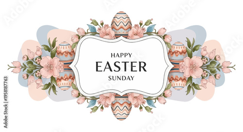 Easter Sunday frame features a pastel-colored border with eggs, bunnies, and flowers on a white background, ideal for social media templates and holiday celebrations