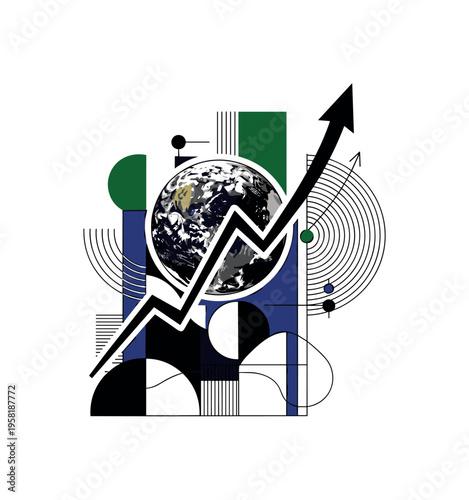 planet earth emerging from investment graph arrow abstract semicircles lines and geometric blocks symbolizing global sustainable finance black and white retro