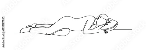 Stomach Sleeping Position. Minimalistic one-line drawing person lying face down with arms placed under or beside head, continuous single black line on white