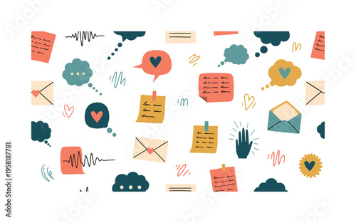 personal confession seamless pattern, quiet whispers, handwritten notes, hearts, envelopes, thought bubbles and small gestures arranged in a repeating pattern,