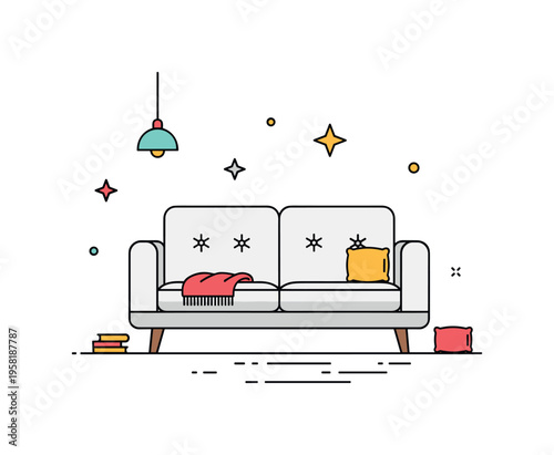 Modern sofa upholstered sofa with clean lines and small decorative throw blanket representing comfort, style, and contemporary interior design. Decorative