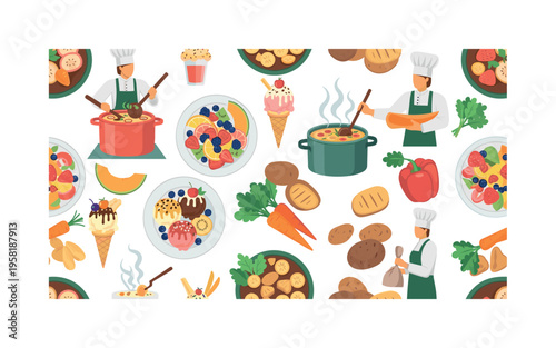 seasonal culinary pattern seamless pattern, chefs preparing summer fruits, ice creams, salads, winter soups, stews and roasted vegetables arranged in a