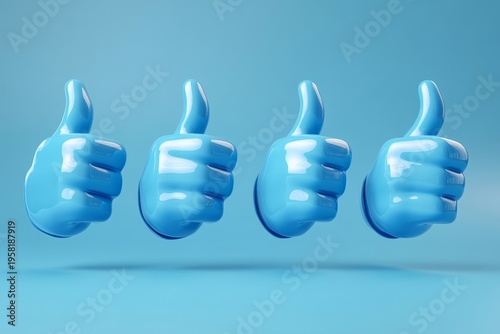 Six isolated blue cartoon thumbs-up icons displayed at various angles on a background, symbolizing approval and positive feedback. 3D rendering, Generative AI