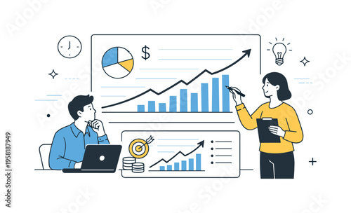 Financial forecasting models. Analysts reviewing future projections on clean charts and dashboards, with trend lines extending forward. A calm editorial scene