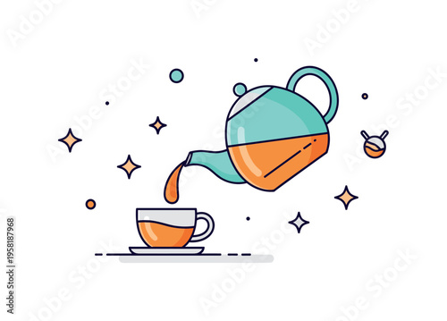Tea pot cozy tea moment with a teapot gently pouring tea into a small cup symbolizing hospitality, calm breaks and mindful daily rituals. Decorative stars