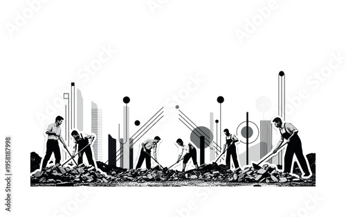 people clearing rubble, geometric lines circles and abstract blocks representing rebuilding and recovery, black and white retro realistic figures with white