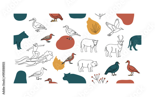 unique regional species seamless pattern, distinctive birds reptiles mammals and plants found only in one geographic region arranged in a repeating pattern,