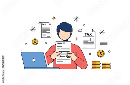 Tax person checking tax statements and invoices with a laptop open on a desk representing preparation, responsibility and compliance with financial