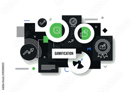progress rings and achievement symbols abstract circles lines and geometric shapes representing motivation in gamification black and white retro icons with