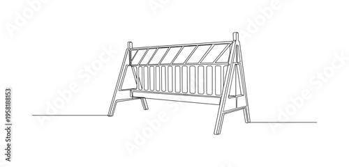 Temporary Barrier. Minimalistic one-line drawing portable barricade with stand for construction or events, continuous single black line on white background,