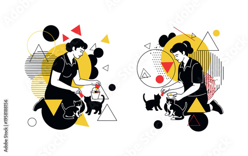 volunteers feeding kittens abstract circles lines and geometric shapes representing care for rescued animals black and white retro human figures and kittens