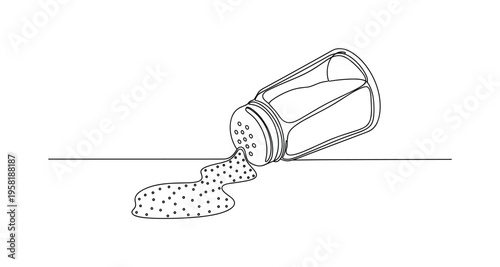 Fallen Salt Shaker. Minimalistic one-line drawing salt shaker rolling with salt pouring out in a flowing curve on the table, continuous single black line on