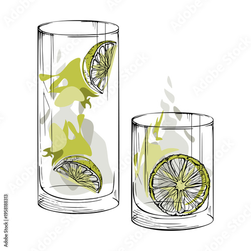 Flat vector Mojito Tropical cocktail, soda lemonade, clear spirits like gin tonic, vodka or tequila. Highball, tumbler glasses hand drawn in ink, citrus slices garnish. Bar branding, culinary visuals.