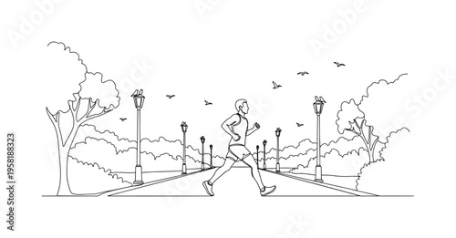 Morning Jog. Minimalistic one-line drawing runner moving through a park with birds and lampposts along the path, continuous single black line on