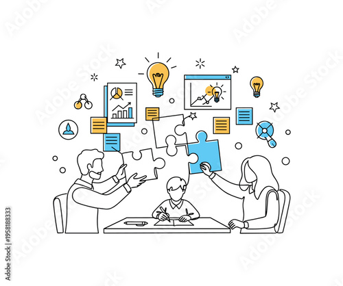 Jigsaw Collaboration. Minimalistic one-line drawing friends or coworkers placing puzzle pieces together in a focused activity, continuous single black line on