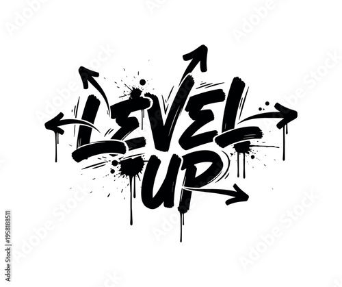 Level Up. lettering and all elements in black. Vector style. AWhite background. Pure white background. Perfect isolation and visual consistency. Dynamic