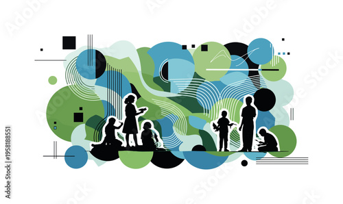 kids painting large mural abstract circles lines and geometric shapes representing group creativity and collaboration black and white retro human silhouettes