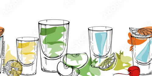 Lemon drop, Appletini, Blue Kamikaze, absinthe. Neon-style shot banner in multicolor accents. Hand drawn seamless ink strip for nightlife content, party headers, packaging edges, decorative ribbons.