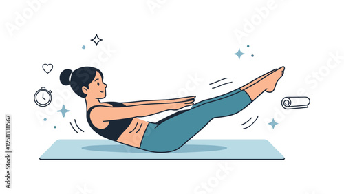 Core strength pilates. A person lifting legs and shoulders slightly off the mat, showing abdominal engagement with calm control. The scene feels instructional,