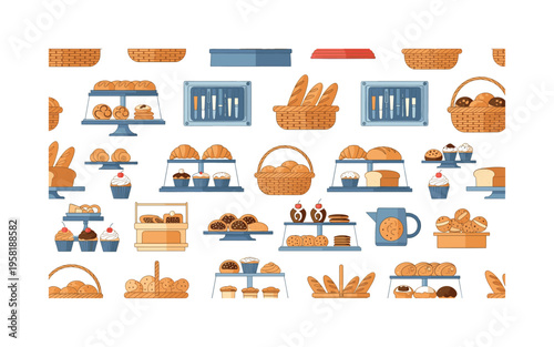 bakery shop collection seamless pattern, repeating pattern, surface design, textile print, modern illustration of pastry displays, baskets, trays, and assorted