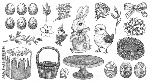 Easter graphic outline set of eggs chick bunny basket nest and festive cake. Hand drawn vector vintage illustration. A timeless and charming collection perfect for traditional and aesthetic design.