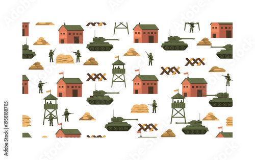 protected army base seamless pattern, military buildings, watchtowers, barricades, sandbags, tanks and soldiers arranged in a repeating pattern,