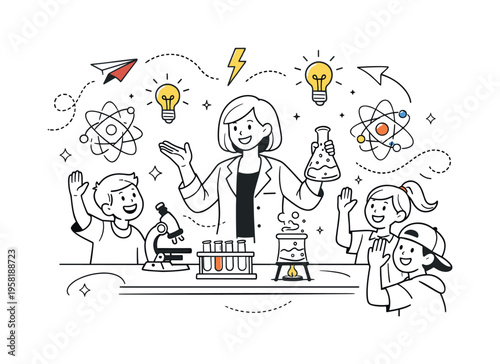 Interactive Science Lesson. Teacher and students interacting around laboratory equipment, hands raised, ideas flowing. A lively educational mood with