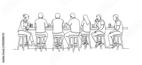 Pub Counter Scene. Minimalistic one-line drawing patrons sitting on stools at a bar counter with drinks, continuous single black line on white background,