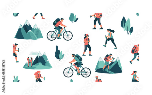outdoor fitness activities seamless pattern, people hiking mountains, cycling roads, wearing sports gear, carrying water bottles and backpacks arranged in a