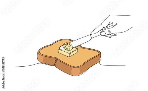 Knife and Toast. Minimalistic one-line drawing hand holding knife applying butter on bread slice, continuous single black line on white background, simple