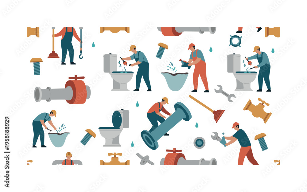 Fototapeta premium bathroom renovation seamless pattern, plumbers replacing toilets, pipes, bolts, wrenches, water valves and plungers arranged in a repeating pattern, white