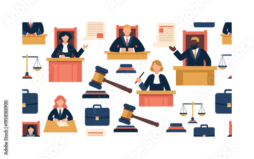 courtroom legal pattern seamless pattern, legal professionals attending hearings, lawyers questioning witnesses, gavels, documents and briefcases arranged in a