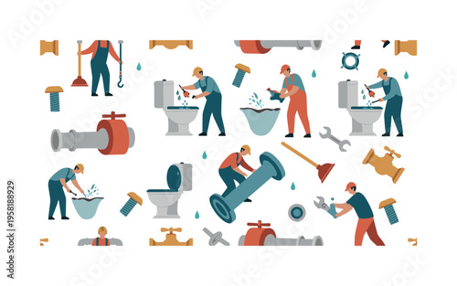bathroom renovation seamless pattern, plumbers replacing toilets, pipes, bolts, wrenches, water valves and plungers arranged in a repeating pattern, white