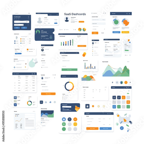 Collection of various digital dashboards and interface elements in a flat, illustrative style