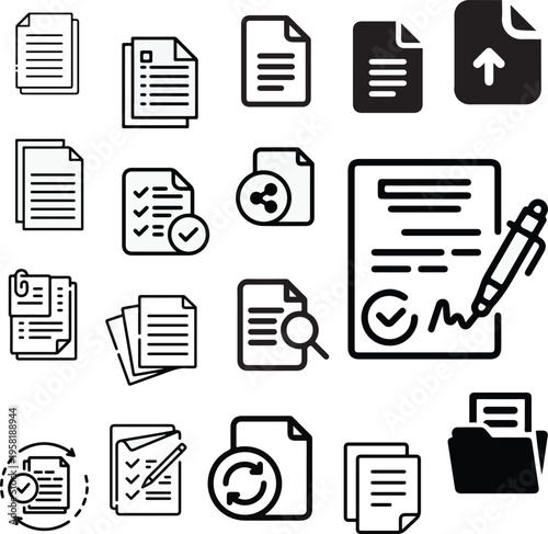 Document Management and Office Workflow Icon Set, Document Management Icon Set Featuring File Sharing Contract Signing and Checklist Symbols
