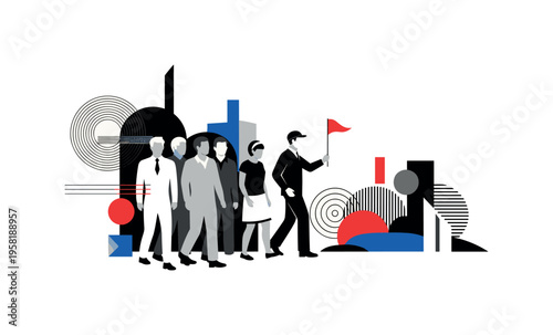 tour guide holding small flag leading group abstract circles lines and geometric shapes representing guided city history walk black and white retro human